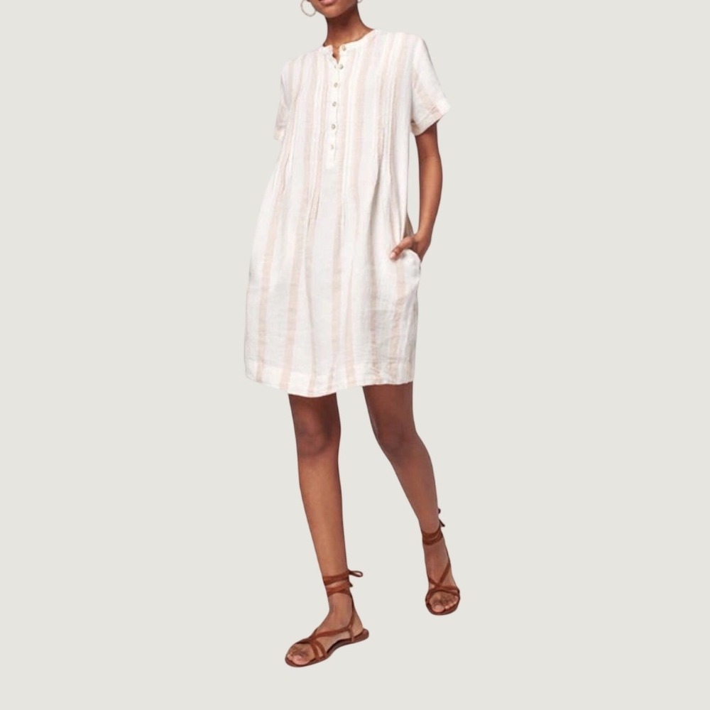 Faherty Gemina 100% Linen Striped Tunic Dress Ivory Taupe Pintuck Small WDS2233